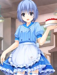 Rule 34 | 1boy, :d, apron, back bow, blue bow, blue collar, blue hair, blue jacket, blue skirt, blush, bow, cafe, cafe stella to shinigami no chou, cake, collar, commentary, company connection, cosplay, crossdressing, crossover, food, frilled apron, frilled skirt, frills, fruit, garter straps, grey eyes, hair between eyes, hand up, holding, holding tray, indoors, jacket, looking at viewer, open mouth, pinstripe pattern, pinstripe shirt, plaid collar, print cup, puffy short sleeves, puffy sleeves, riddle joker, shirt, short hair, short sleeves, skirt, skirt tug, smile, solo, spiked hair, standing, strawberry, striped, suou kyouhei, thighhighs, trap, tray, waiter, white apron, white bow, white thighhighs, xiexianglg, yuzu-soft, zettai ryouiki