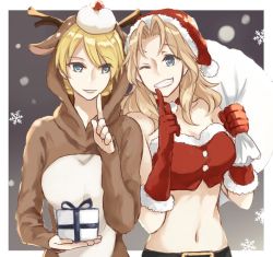 Rule 34 | 10s, 2girls, ;d, alternate costume, animal costume, bad id, bad twitter id, blonde hair, blue eyes, border, box, braid, breasts, cleavage, cosplay, cowboy shot, darjeeling (girls und panzer), elbow gloves, finger to mouth, french braid, fur-trimmed gloves, fur trim, gift, gift box, girls und panzer, gloves, kay (girls und panzer), long hair, medium breasts, midriff, multiple girls, navel, one eye closed, open mouth, reindeer costume, rudolph the red nosed reindeer (cosplay), sack, santa costume, shushing, smile, snowflakes, white border, yuuyu (777)