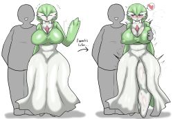 Rule 34 | 1boy, 1girl, blush, grabbing another&#039;s breast, breasts, clothes, colored skin, creatures (company), english text, enigi09, closed eyes, furry, game freak, gardevoir, gen 3 pokemon, grabbing, grabbing from behind, green hair, grey skin, hair over one eye, happy, heart, highres, huge breasts, looking at viewer, medium hair, monster girl, netorare, nintendo, open mouth, pokemon, simple background, speech bubble, white background