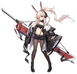 Rule 34 | 1girl, alternate costume, artist request, ayanami (azur lane), ayanami (rock &#039;n&#039; demon) (azur lane), azur lane, full body, hand on own head, headphones, horns, jacket, long hair, looking at viewer, mechanical horns, navel, official art, pantyhose, pantyhose under shorts, ponytail, red eyes, short shorts, shorts, solo, standing, third-party source, transparent background, weapon, weapon on back, white hair, wire