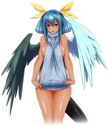 Rule 34 | absurdres, asymmetrical wings, backless dress, backless outfit, bare back, blue hair, blush, breasts, dizzy (guilty gear), dress, guilty gear, guilty gear xrd, hair ribbon, highres, huge breasts, meme attire, naked sweater, open mouth, red eyes, ribbon, shiny skin, solo, sweater, tail, tail ornament, tail ribbon, tan, turtleneck, turtleneck sweater, un (le monde-alternatif), virgin killer sweater, wings