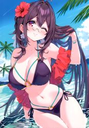 Rule 34 | 1girl, absurdres, bikini, black hair, breasts, cleavage, closed mouth, cu-no, day, flower, glasses, halterneck, hibiscus, highres, hisen kaede, jewelry, large breasts, lips, looking at viewer, navel, one eye closed, palm tree, red eyes, scan, side-tie bikini bottom, smile, solo, string bikini, swimsuit, thighs, tree, water drop