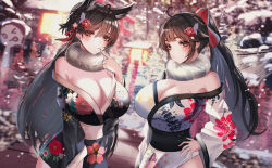 Rule 34 | 2girls, absurdres, animal ears, architecture, atago (azur lane), azur lane, bad id, bad pixiv id, bare shoulders, black hair, black kimono, black sash, bow, breasts, brown hair, cleavage, dog ears, east asian architecture, finger to mouth, floral print, flower, ga yeah, hair flower, hair ornament, highres, huge breasts, huge filesize, japanese clothes, kimono, large breasts, long hair, mole, mole on breast, multiple girls, off shoulder, orange eyes, red bow, red flower, sash, takao (azur lane), white kimono, white sash, wide sleeves