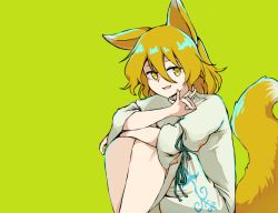 Rule 34 | 1girl, animal ears, blonde hair, feet out of frame, fox ears, fox shadow puppet, fox tail, green background, green ribbon, hair between eyes, kudamaki tsukasa, luhua xiedai, open mouth, ribbon, romper, short hair, short sleeves, simple background, smile, solo, tail, touhou, white romper, yellow eyes