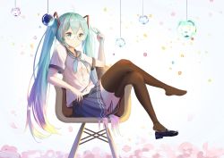 Rule 34 | 1girl, black footwear, black skirt, black thighhighs, blue eyes, blue hair, crossed legs, dress shirt, from side, full body, glasses, hair ornament, twirling hair, hatsune miku, loafers, long hair, looking at viewer, miniskirt, mobu (wddtfy61), pink hair, pleated skirt, round eyewear, school uniform, shirt, shoes, short sleeves, sitting, skirt, smile, solo, thighhighs, two-tone background, very long hair, vocaloid, white shirt, zettai ryouiki