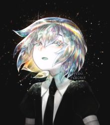 Rule 34 | 1other, androgynous, artist name, black background, black necktie, colored skin, commentary, crystal hair, diamond (houseki no kuni), eyes visible through hair, gem uniform (houseki no kuni), hair between eyes, highres, houseki no kuni, looking at viewer, multicolored eyes, multicolored hair, necktie, open mouth, puffy short sleeves, puffy sleeves, rainbow eyes, rainbow hair, short hair, short sleeves, simple background, solo, sparkle, terupancake, twitter username, upper body, white skin