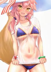 Rule 34 | 1girl, bikini, bikini pull, blue bikini, blue scrunchie, blush, breasts, clothes pull, collarbone, covered erect nipples, fate/grand order, fate (series), gluteal fold, hair between eyes, hat, large breasts, long hair, looking at viewer, navel, open mouth, orange eyes, panties, panty pull, pink hair, pulled by self, scrunchie, see-through, shirt, simple background, solo, standing, swimsuit, tail, tamamo (fate), tamamo no mae (fate/extra), tamamo no mae (swimsuit lancer) (fate), tamamo no mae (swimsuit lancer) (second ascension) (fate), tamamo no mae (swimsuit lancer) (third ascension) (fate), underwear, untue, upper body, white background, white shirt, wristband