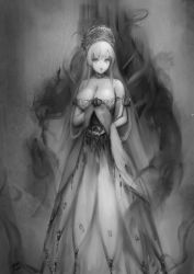 Rule 34 | absurdres, anastasia (fate), bare shoulders, collar, collarbone, crown, dark, doll, dress, fate/grand order, fate (series), greyscale, highres, holding, holding doll, hwaran, jewelry, long dress, long hair, looking at viewer, mini crown, monochrome, open mouth, paid reward available, pendant, ribbon, royal robe, solo, strapless, strapless dress, very long hair, viy (fate), white hair