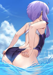 Rule 34 | 1girl, absurdres, adjusting clothes, adjusting swimsuit, ahoge, ass, back, back cutout, bare arms, bare shoulders, blue sky, breasts, clothing cutout, cloud, competition swimsuit, cowboy shot, day, hair tubes, highres, leaning forward, nail polish, ocean, one-piece swimsuit, outdoors, purple nails, purple one-piece swimsuit, short hair with long locks, sidelocks, sky, small breasts, solo, swimsuit, tenneko yuuri, voiceroid, wading, water, yuzuki yukari