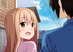Rule 34 | 10s, 1boy, 1girl, :d, bad id, bad pixiv id, black hair, blonde hair, blush, brother and sister, brown eyes, dacchi, doma taihei, doma umaru, from behind, highres, himouto! umaru-chan, long hair, open mouth, siblings, smile