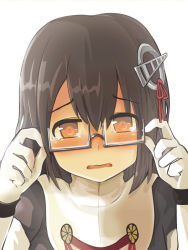 Rule 34 | 10s, 1girl, bad id, bad pixiv id, bespectacled, black hair, blush, brown eyes, chameleon man (three), elbow gloves, glasses, gloves, haguro (kancolle), hair ornament, kantai collection, looking at viewer, open mouth, personification, short hair, solo, tears, white background, white gloves