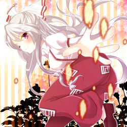 Rule 34 | 1girl, breasts, female focus, fujiwara no mokou, long hair, mike (mikenekotei), outstretched arm, pink eyes, silver hair, smile, solo, striped, striped background, suspenders, touhou