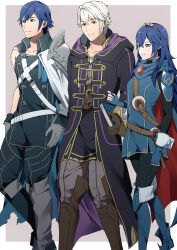Rule 34 | 1girl, 2boys, ameno (a meno0), asymmetrical clothes, blue eyes, blue hair, book, boots, breasts, brown eyes, cape, chrom (fire emblem), coat, fingerless gloves, fire emblem, fire emblem awakening, gloves, grey background, grey hair, grin, hair between eyes, long hair, long sleeves, looking at viewer, lucina (fire emblem), multiple boys, nintendo, pants, pantyhose, robin (fire emblem), robin (male) (fire emblem), short hair, small breasts, smile, sweater, symbol-shaped pupils, thigh boots, tiara, walking
