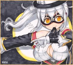 Rule 34 | 1girl, absurdres, breasts, cleavage, dated, flower knight girl, gloves, hat, highres, large breasts, long hair, marker (medium), mask, mouth hold, nakaishow, orange eyes, side ponytail, signature, smile, solo, traditional media, translation request, warunasubi (flower knight girl), white gloves, white hair