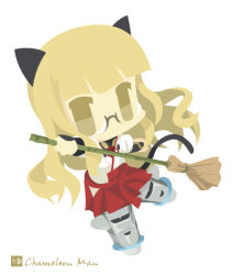 Rule 34 | 1girl, animal ears, arm guards, artist name, blonde hair, broom, cat ears, chameleon man (three), glasses, hakama, hakama short skirt, hakama skirt, instrument, japanese clothes, no lineart, perrine h. clostermann, simple background, skirt, solo, strike witches, striker unit, tail, white background, world witches series, yellow eyes