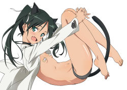Rule 34 | 1girl, animal ears, bandaid, bandaids on nipples, barefoot, black hair, black panties, cat ears, cat tail, fang, feet, flat chest, francesca lucchini, full body, green eyes, jacket, looking at viewer, open mouth, panties, pasties, solo, strike witches, tail, twintails, underwear, white background, world witches series, yamamoto shuuhei
