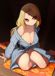 Rule 34 | 1girl, absurdres, arm support, blonde hair, breasts, closed mouth, facial mark, forehead mark, highres, japanese clothes, kellila93, kimono, large breasts, long hair, looking at viewer, low ponytail, naruto, naruto (series), no bra, open clothes, open kimono, parted bangs, red eyes, single bare shoulder, sitting, solo, thighs, tsunade (naruto), wooden floor, yokozuwari