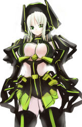 Rule 34 | 1girl, armor, breasts, green eyes, hat, large breasts, long hair, pupps, solo, thighhighs, white hair