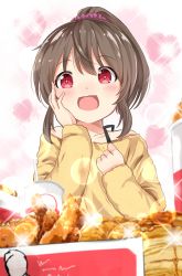 Rule 34 | 1girl, :d, absurdres, bird, blush, brown hair, chicken, collarbone, commentary, cup, disposable cup, eating, excited, closed eyes, food, hair ornament, hair scrunchie, hand on own cheek, hand on own face, heart, heart background, high ponytail, highres, hori yuko, idolmaster, idolmaster cinderella girls, kfc, long sleeves, medium hair, off shoulder, open mouth, ponytail, purple scrunchie, red eyes, scrunchie, shirt, smile, solo, sora (silent square), sparkle, sparkle background, yellow shirt