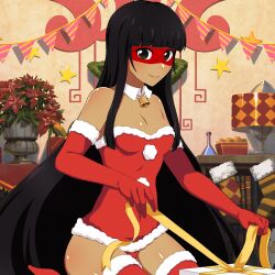 Rule 34 | 1girl, alternate costume, bell, bikini, black eyes, black hair, bodypaint, boots, box, breasts, challengia, christmas, christmas ornaments, christmas present, dark-skinned female, dark skin, dress, elbow gloves, gift, gift box, gloves, guachan, hat, holding, holding ribbon, indoors, long hair, looking at viewer, nchans, nchans style, official art, orcaleon, panties, red dress, red gloves, red panties, ribbon, santa bikini, santa boots, santa costume, santa gloves, santa hat, short dress, small breasts, smile, solo, swimsuit, underwear, very long hair, winter clothes
