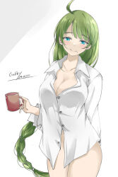 Rule 34 | 1girl, ahoge, blue eyes, braid, breasts, cleavage, collared shirt, cowboy shot, cup, dress shirt, gakky, green hair, highres, holding, holding cup, kantai collection, large breasts, long hair, mole, mole under mouth, mug, no panties, one-hour drawing challenge, shirt, single braid, solo, standing, white shirt, yuugumo (kancolle)
