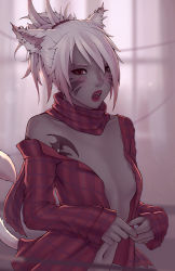 Rule 34 | 1girl, animal ears, warrior of light (ff14), body freckles, breasts, cat ears, cat tail, commentary, commission, dark-skinned female, dark skin, dressing, ear piercing, earrings, english commentary, facial mark, fangs, final fantasy, final fantasy xiv, freckles, jewelry, lips, looking at viewer, miqo&#039;te, navel, open clothes, open mouth, open shirt, piercing, red eyes, scarf, shirt, short hair, small breasts, solo, soranamae, tail, tattoo, upper body, white hair