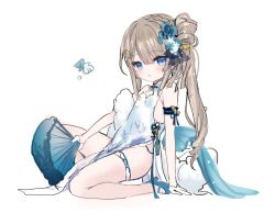 Rule 34 | 1girl, :o, arm support, blue eyes, blue flower, blue footwear, braid, breasts, brown hair, china dress, chinese clothes, commentary request, dress, flower, folding fan, full body, gloves, hair between eyes, hair flower, hair ornament, hand fan, high heels, holding, holding fan, indie virtual youtuber, long hair, looking at viewer, lutra lutra, parted lips, pelvic curtain, shiodome oji, shoes, simple background, sleeveless, sleeveless dress, small breasts, solo, very long hair, virtual youtuber, white background, white dress, white gloves