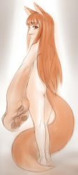 Rule 34 | 00s, 1girl, animal ears, animal hands, ass, barefoot, brown eyes, brown hair, from behind, grin, highres, holo, kuontendou, long hair, looking back, nude, sketch, smile, solo, spice and wolf, tail, transformation, wolf ears, wolf tail