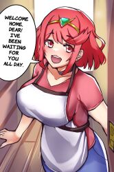 Rule 34 | 1340smile, 1girl, :d, absurdres, apron, breasts, denim, doorway, earrings, english text, highres, indoors, jeans, jewelry, large breasts, lipstick, looking at viewer, makeup, open mouth, pants, pov doorway, pyra (xenoblade), red eyes, red hair, shirt, short hair, smile, solo, speech bubble, swept bangs, t-shirt, tiara, xenoblade chronicles (series), xenoblade chronicles 2