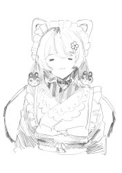Rule 34 | 1girl, :3, = =, animal ears, animal hair ornament, apron, ban (inui toko), belt buckle, belt collar, buckle, closed eyes, closed mouth, collar, commentary request, cropped torso, dog ears, dog girl, facing viewer, flower, frilled apron, frills, fukuyq, hair between eyes, hair flower, hair ornament, highres, inui toko, inui toko (1st costume), japanese clothes, ken (inui toko), kimono, long bangs, long hair, low twintails, maid, maid headdress, monochrome, nijisanji, obi, obiage, obijime, sash, sketch, solo, sousou no frieren, swept bangs, twintails, upper body, virtual youtuber, wa maid, white background
