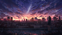 Rule 34 | 1girl, absurdres, artist name, building, city, cityscape, cloud, commentary request, dawn, facing away, hands in pockets, headphones, highres, jacket, long hair, milky way, original, plant, railing, scenery, skirt, sky, skyscraper, solo, standing, star (sky), starry sky, yu jing