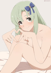 Rule 34 | bare legs, bare shoulders, bed, blue bow, blush, bow, collarbone, commentary request, embarrassed, green hair, grey background, greyscale, hair bow, heart, heart hands, highres, idolmaster, idolmaster (classic), idolmaster million live!, idolmaster stella stage, legs, looking at viewer, medium hair, mole, mole under eye, monochrome, nanakura nanane, nude, shiika (idolmaster), simple background, smile, solo, twitter username