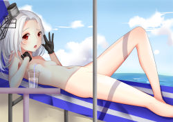 Rule 34 | 1girl, beach, black gloves, blush, breasts, convenient censoring, day, drink, drinking straw, gloves, half gloves, hat, looking at viewer, lying, navel, nipples, nude, nudist, on back, open mouth, outdoors, red eyes, shadow, short hair, sky, small breasts, solo, sorry (4627156), vittorio veneto (warship girls r), warship girls r, white hair