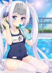 Rule 34 | 1girl, blue eyes, blue sky, bottle, breasts, chain-link fence, clothes writing, cloud, covered navel, day, eucliwood hellscythe, fence, forehead protector, hair ribbon, hands up, highres, holding, holding bottle, kana (kuaua), kore wa zombie desu ka?, long hair, one-piece swimsuit, outdoors, pool, ramune, ribbon, school swimsuit, silver hair, sitting, sky, small breasts, solo, sun, swimsuit, thighhighs, thighs, translation request, twintails, very long hair, visor (armor), wariza, water, white thighhighs
