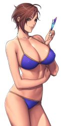 Rule 34 | 1girl, bare shoulders, bikini, breasts, brown hair, cleavage, glasses, green eyes, holding, idolmaster, idolmaster cinderella girls, kiba manami, large breasts, oda non, simple background, smile, solo, swimsuit, white background