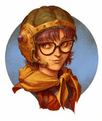 Rule 34 | 1girl, chrono trigger, dave rapoza, glasses, green eyes, headset, helmet, highres, looking to the side, lucca ashtear, neckerchief, portrait, purple hair, short hair, smile, solo