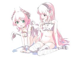 Rule 34 | 2girls, anime coloring, blush, bra, cat cutout, cat lingerie, clothing cutout, demon girl, demon horns, demon tail, dress, fang, flat chest, green eyes, highres, horns, long hair, looking at another, medium hair, meme attire, multiple girls, navel, open mouth, original, panties, pink hair, sakuya (saqu09307728), simple background, sitting, smile, striped clothes, striped thighhighs, tail, thighhighs, underwear, wariza, white background