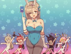 Rule 34 | 1990s (style), 5girls, :d, ;d, ^ ^, akane (blue archive), akane (bunny) (blue archive), animal ears, arm up, asuna (blue archive), asuna (bunny) (blue archive), bandaid, bandaid on knee, bandaid on leg, bare shoulders, black hair, black pantyhose, blue archive, blue eyes, bow, bowtie, braid, breasts, card, chib0b, cleavage, closed eyes, collarbone, commentary request, crying, crying with eyes open, dancing, dark skin, detached collar, double bun, elbow gloves, fake animal ears, fake tail, fishnets, gloves, grey hair, hair between eyes, hair bun, hair ornament, hair over one eye, hairband, halo, hat, highleg, highleg leotard, holding, holding clothes, holding hat, jacket, karin (blue archive), karin (bunny) (blue archive), knees together feet apart, koyuki (blue archive), koyuki (bunny) (blue archive), large breasts, leotard, long hair, looking at viewer, medium breasts, mole, mole on breast, multicolored hair, multiple girls, neru (blue archive), neru (bunny) (blue archive), official alternate costume, one eye closed, open mouth, pantyhose, pink hair, playboy bunny, rabbit ears, rabbit tail, red hair, retro artstyle, short hair, sidelocks, simple background, single braid, sleeveless, smile, star (symbol), starry background, strapless, strapless leotard, streaked hair, sukajan, sweatdrop, tail, tears, top hat, twintails, two-tone hair, white gloves, yellow eyes