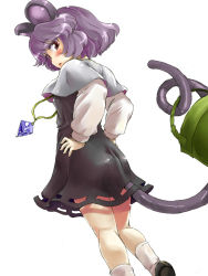 Rule 34 | 1girl, animal ears, bad id, bad pixiv id, basket, blush, capelet, dress, female focus, gem, grey dress, hands on own hips, jewelry, mouse ears, mouse tail, nazrin, necklace, nise nanatsura, nisenana, pendant, purple hair, red eyes, shirt, short hair, solo, tail, touhou