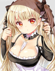 Rule 34 | 1girl, artist name, azur lane, bare shoulders, black bow, black dress, black nails, blonde hair, blush, bow, breasts, cleavage, clothing cutout, collarbone, commentary request, detached collar, dress, ear piercing, formidable (azur lane), frills, grey background, hair bow, hands up, highres, holding, holding hair, large breasts, long hair, long sleeves, looking at viewer, nail polish, piercing, ramudia (lamyun), red eyes, shoulder cutout, simple background, solo, twintails, twitter username, upper body, very long hair