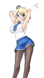 Rule 34 | 1girl, absurdres, adapted costume, armpits, arms behind head, black pantyhose, blonde hair, blue eyes, blue necktie, blue skirt, collared shirt, colorado (kancolle), cowboy shot, dated, dress shirt, feet out of frame, frilled skirt, frills, garrison cap, grey hat, hat, highres, kantai collection, maru (marg0613), necktie, one-hour drawing challenge, pantyhose, shirt, short hair, skirt, sleeveless, solo, twitter username, white shirt