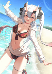 Rule 34 | 1girl, beach, bikini, bird, black bow, blue sky, blurry, blush, bow, bowsan, breasts, chinese knot, cowboy shot, day, depth of field, dutch angle, earrings, fangs, front-tie top, hair bow, halterneck, heart, heart earrings, highres, hololive, horns, jewelry, long hair, looking at viewer, medium breasts, multicolored hair, nakiri ayame, nakiri ayame (streetwear), navel, ocean, open clothes, open mouth, open shirt, outdoors, outstretched arms, red bikini, red eyes, red hair, sand, see-through, see-through shirt, shirt, side-tie bikini bottom, skin-covered horns, sky, smile, solo, sparkle, standing, stomach, streaked hair, summer, sunlight, swimsuit, tassel, thigh strap, thighs, twintails, virtual youtuber, white hair, white shirt