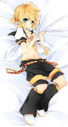 Rule 34 | 1boy, blonde hair, blue eyes, dakimakura (medium), from above, full body, highres, kagamine len, leeannpippisum, leg warmers, looking at viewer, lying, male focus, navel, on side, shorts, solo, vocaloid
