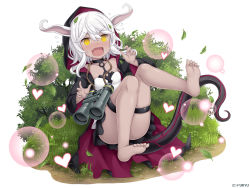 Rule 34 | 1girl, :d, @ @, animal ears, barefoot, binocular, blush, breasts, bush, company name, convenient leg, dark skin, dark-skinned female, feet, full body, grass, hair between eyes, hand up, knees up, leaf, lizard tail, monmusu harem, namaru (summer dandy), official art, open mouth, outdoors, pointy ears, sitting, small breasts, smile, solo, surprised, tail, thigh strap, toes, white background, white hair, yellow eyes