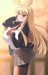 Rule 34 | 1girl, akitokage, blonde hair, breasts, contemporary, fate/grand order, fate (series), head wings, highres, huge breasts, long hair, looking at viewer, red eyes, school uniform, sidelocks, smile, solo, standing, thighs, thrud (fate), valkyrie (fate), wings