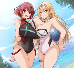 Rule 34 | 2girls, absurdres, black one-piece swimsuit, blonde hair, breasts, chest jewel, competition swimsuit, headpiece, highres, huge breasts, kurokaze no sora, large breasts, long hair, multiple girls, mythra (radiant beach) (xenoblade), mythra (xenoblade), one-piece swimsuit, pyra (pro swimmer) (xenoblade), pyra (xenoblade), red one-piece swimsuit, ribbed swimsuit, strapless, strapless one-piece swimsuit, striped clothes, striped one-piece swimsuit, swept bangs, swimsuit, tiara, two-tone swimsuit, vertical-striped clothes, vertical-striped one-piece swimsuit, very long hair, white one-piece swimsuit, xenoblade chronicles (series), xenoblade chronicles 2, yellow eyes