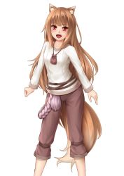 Rule 34 | 1girl, animal ear fluff, animal ears, brown hair, collarbone, commentary request, fangs, holo, kirishima itsuki, long hair, looking at viewer, open mouth, pants, pouch, red eyes, shirt, simple background, solo, spice and wolf, standing, tail, wolf ears, wolf tail