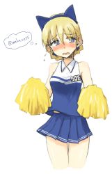 Rule 34 | 1girl, animal ears, bare shoulders, blonde hair, blouse, blue eyes, blue shirt, blue skirt, blush, braid, cat ears, cheerleader, embarrassed, fake animal ears, highres, looking away, makaze (t-junction), noble witches, open mouth, pleated skirt, pom pom (cheerleading), print shirt, rosalie de hemricourt de grunne, shirt, short hair, skirt, solo, speech bubble, strike witches, tank top, twitter username, wavy mouth, world witches series