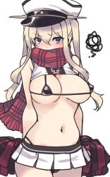 Rule 34 | 1girl, bikini, black bikini, blonde hair, breasts, cheerleader, commentary request, cowboy shot, crop top, graf zeppelin (kancolle), grey eyes, hair between eyes, kantai collection, large breasts, micro bikini, nakadori (movgnsk), plaid, plaid scarf, pleated skirt, pom pom (cheerleading), red scarf, scarf, sidelocks, simple background, skirt, sleeveless, solo, squiggle, standing, swimsuit, twintails, white background, white skirt