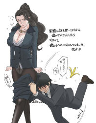 Rule 34 | !, 10s, 1boy, 1girl, accident, accidental exposure, assisted exposure, banana peel, black hair, blue eyes, blush, breasts, business suit, chiba shuusaku, cleavage, crotch seam, earrings, executive mishiro, falling, formal, hair slicked back, huge breasts, idolmaster, idolmaster cinderella girls, jewelry, jpeg artifacts, lipstick, long hair, makeup, necktie, panties, panties under pantyhose, pantyhose, ponytail, producer (idolmaster), producer (idolmaster cinderella girls anime), revision, slipping, suit, surprised, sweatdrop, translation request, twitter username, underwear, undressing, white background
